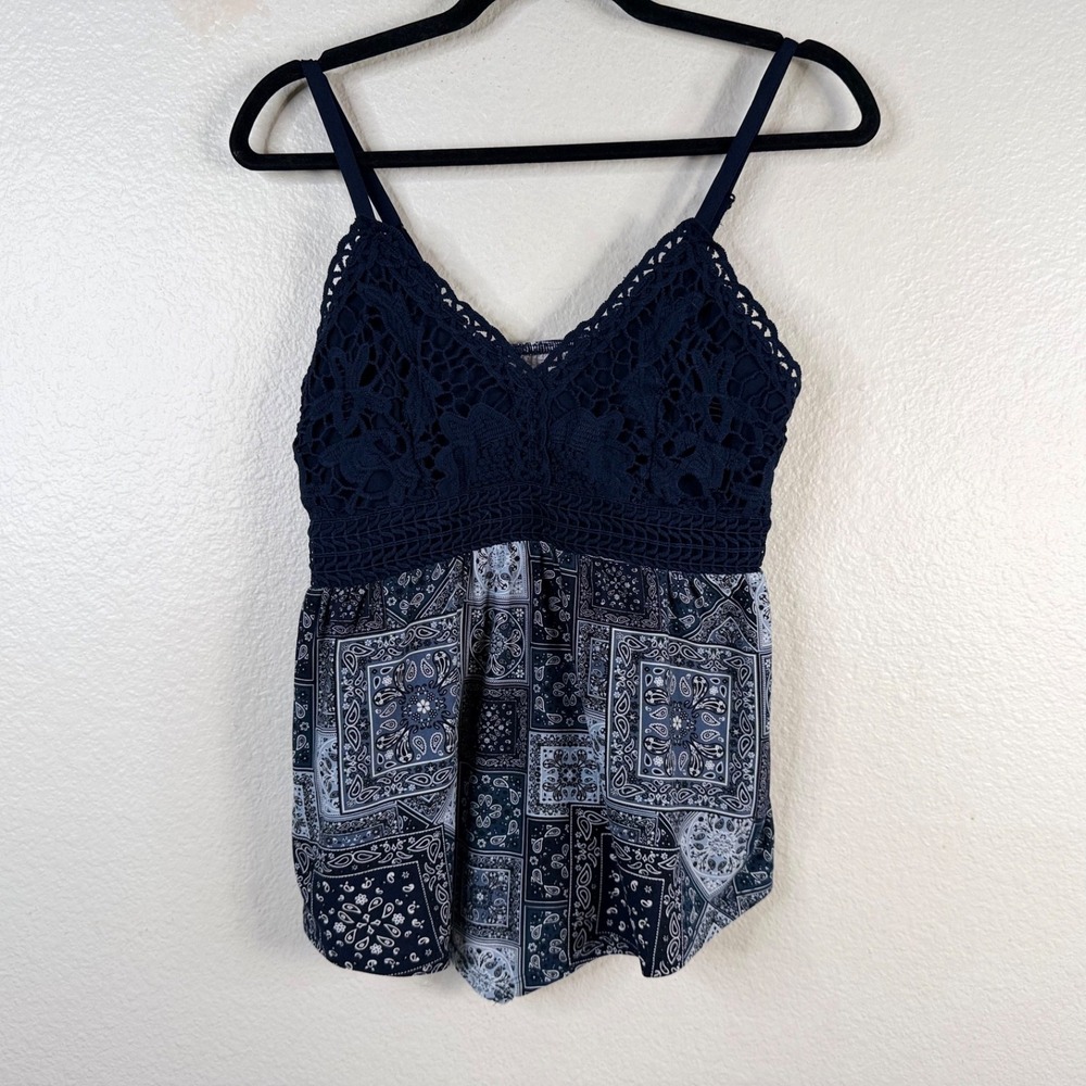 No Boundaries Women's Top Blue Sz M Babydoll Crochet Bandana Print Boho Y2K